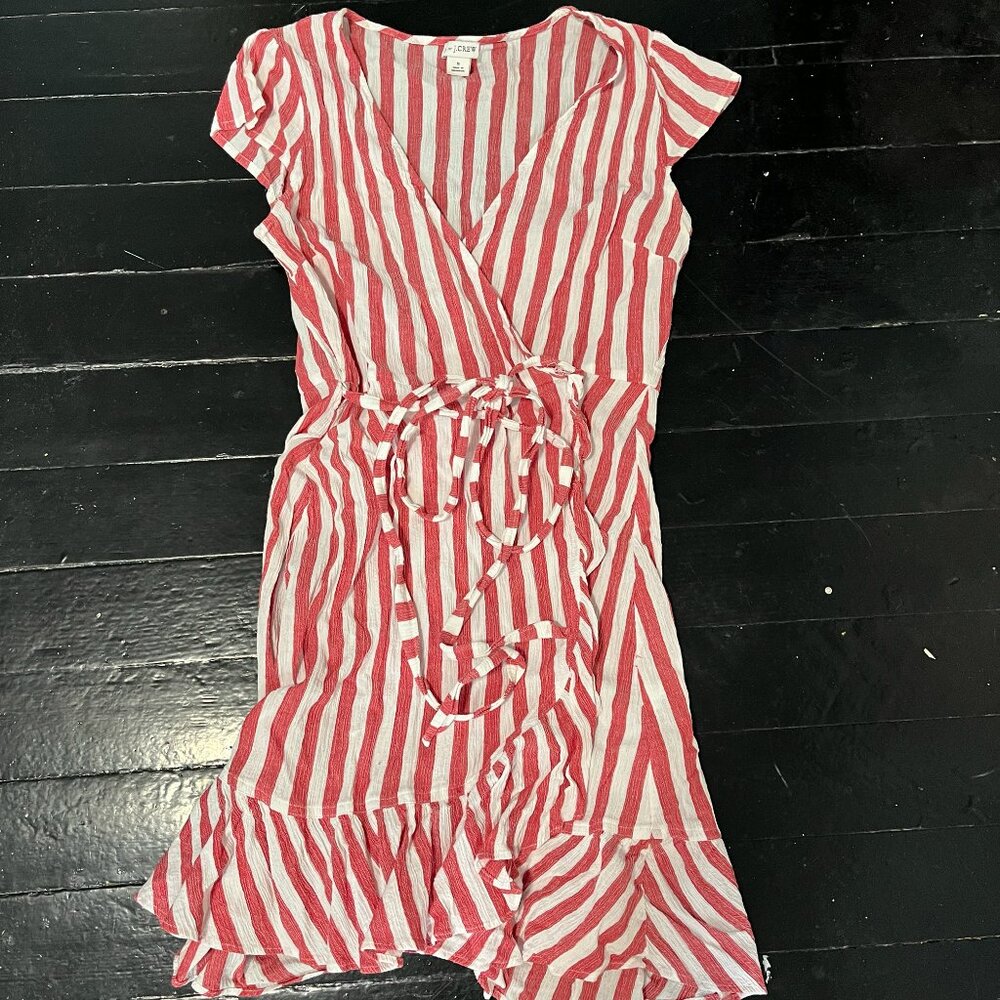 J. Crew Wrap Striped Wrap Dress 100% Cotton S Short Preppy Ruffle